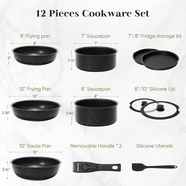 Cookware Set, Pots and Pans Set Non Stick, 12 Pcs Cooking Pot Kitchen Set with Frying Pan and Sauce Pans, Dishwasher and Oven Safe, PFAS, PFOA, PFOS Free, Black