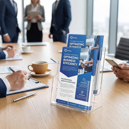 2 Pack Acrylic Brochure Holder 8.5 x 11 in, 2 Tier Brochure Display Stand with Removable Divider for 4 x 9 in Trifold Pamphlets, acrylic flyer holder 8.5 x 11 Stands for Flyer, Pamphlet, Magazine