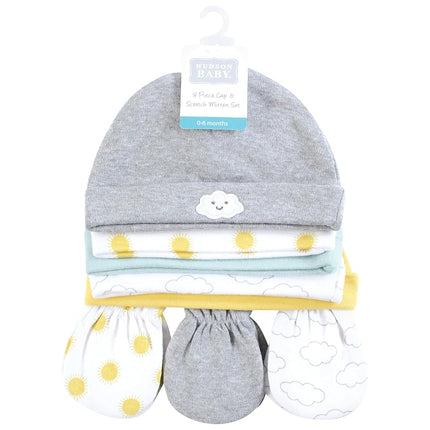 Hudson Baby Unisex Baby Cotton Cap and Scratch Mitten Set, Sunshine and Clouds, 0-6 Months