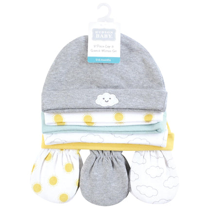 Hudson Baby Unisex Baby Cotton Cap and Scratch Mitten Set, Sunshine and Clouds, 0-6 Months
