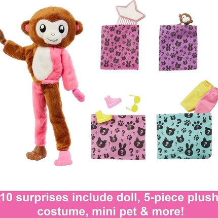 Barbie Dolls and Accessories, Cutie Reveal Doll with Monkey Plush Costume & 10 Surprises Including Color Change, Jungle Series