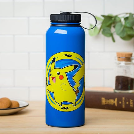 Silver Buffalo Pokemon Pikachu Lightning Bolt Stainless Steel Water Bottle with Twist Lid, 42 Ounces