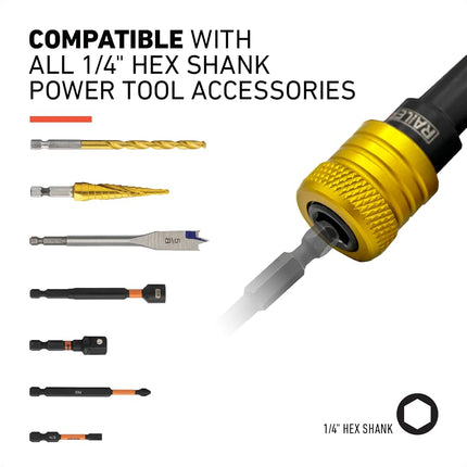 Railer Bit Holder Keychain 5pc - 1/4 inch Hex Shank Bit Holders - Quick-Change Design for Nut Driver, Screwdriver & Drill Bits, Include Keychain Carabiner
