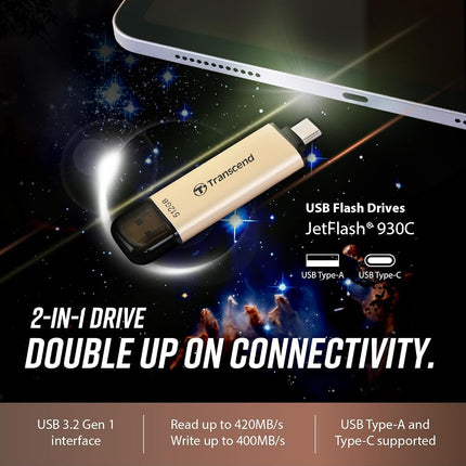 Transcend JetFlash 930C 128GB Dual USB Memory Stick, Type-C & Type-A, Speed up to 420MB/s-Soft Gold TS128GJF930C