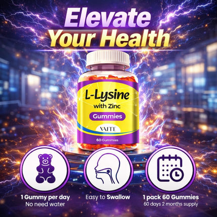 L-Lysine 1000mg with Zinc Gummies – Vegetarian Chewable Amino Acid Supplement for Adults, Non-GMO, Gluten-Free, Gelatin-Free, Easy to Take, Clean Label, Plant-Based Formula, 60 Vegan Chewables