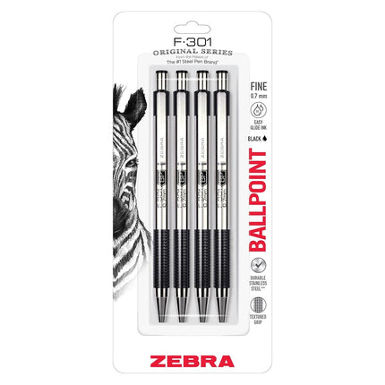 Zebra Pen F-301 Retractable Ballpoint Pen, Stainless Steel Barrel, Fine Point, 0.7mm, Black Ink, 4-Pack (Packaging May Vary)
