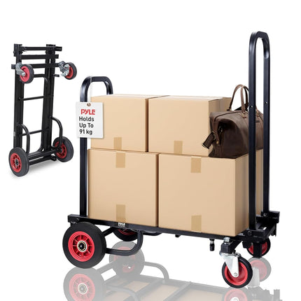 Pyle Heavy Duty Folding Equipment Trolley – 8-in-1 Convertible Hand Truck, Dolly & Platform Cart for Gear & Equipment Transport, Adjustable 64cm to 102cm