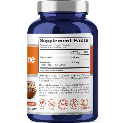 Benfotiamine 300mg 180 Veggie Caps (Non-GMO,Vegan & Gluten-Free) Supports Healthy Blood Sugar Levels in Normal Range*