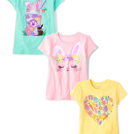 The Children's Place,Short Sleeve Graphic T-Shirts, Milkshake/Bunny Face/Easter Heart 3-Pack, Small