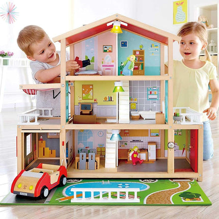 Sustainable Wood Toy, Hape Doll Family Mansion Playset With 4 Figures, 6 Rooms, 2 Balconies, 7 Room Sets and Barbecue. 3 years +