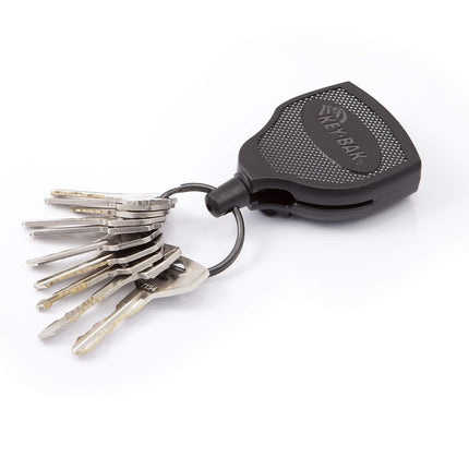 Llavero retráctil con seguro KEY-BAK SUPER48 SD de 368 g, cable retráctil de 91 cm, carcasa de policarbonato negra, presilla de cuero para el cinturón de servicio, aro dividido extragrande
