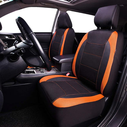 Flying Banner car seat Covers Quality Carbon Fiber Air Mesh Fabric Sport Low High Back Bucket Back Pocket Arm Rest (2 Fronts - Low Bucket, Orange)