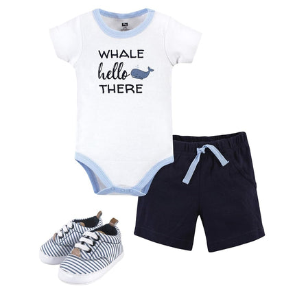 Hudson Baby Unisex Baby Cotton Bodysuit, Shorts and Shoe Set, Whale Hello, 12-18 Months