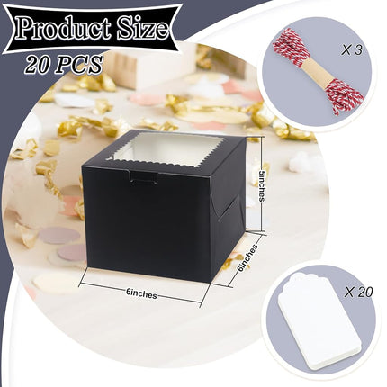 DOYIDE 20Pcs Mini Cake Boxes with Window, 6x6x5 Inches Black Bakery Boxes