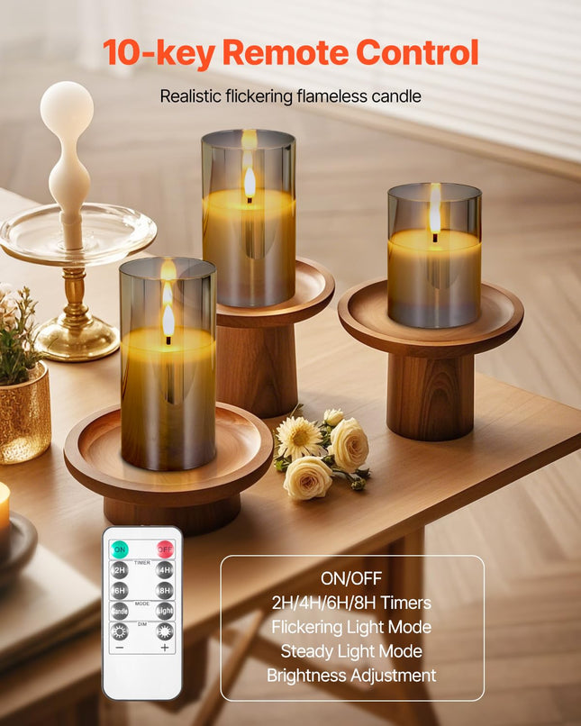 VEVOR Gray Flickering Flameless Candles, Set of 3 Battery Operated Flameless Led Candles with 10-Key Remote and Timer, Real Wax & Warm Color Flickering Light for Festival Wedding Home Party D�cor