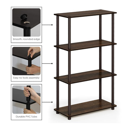 Furinno TURN-N-TUBE Storage Shelves, 4-Tier Toolless Book Shelf, Corner Shelf, Toolless Open Shelves, for Organization and Storage, Living Room, Garage, Home Office, Walnut