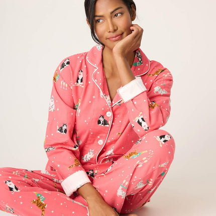 PJ Salvage Women's Flannel Long-Sleeve Top, Pant and Headband 3-Piece Pajama Set, Dark Coral, XL