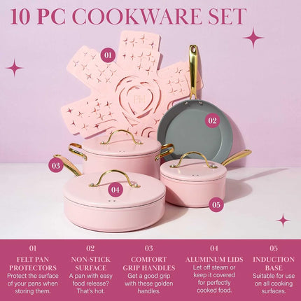Paris Hilton Iconic Nonstick Pots and Pans Set, Multi-Layer Nonstick Coating, Matching Lids with Gold Handles, Made Without PFOA, Dishwasher Safe Cookware Set, 10-Piece, Pink