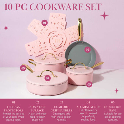 Paris Hilton Iconic Nonstick Pots and Pans Set, Multi-Layer Nonstick Coating, Matching Lids with Gold Handles, Made Without PFOA, Dishwasher Safe Cookware Set, 10-Piece, Pink
