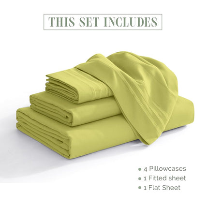 Elegant Comfort Luxurious Premium Hotel Quality Microfiber Three Line Embroidered Softest 4-Piece Bed Sheet Set, Wrinkle and Fade Resistant, King, Pistachio Green