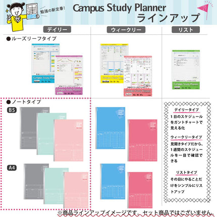 Kokuyo Campus Study Planner Notebook, Daily Ruled, A5, Light Pink, for 63 Days, Japan Import (NO-Y82MD-LP)