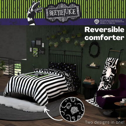 Franco Comforter and Sheet Set, Microfiber, Black & White-Beetlejuice, 5 Piece Queen Size