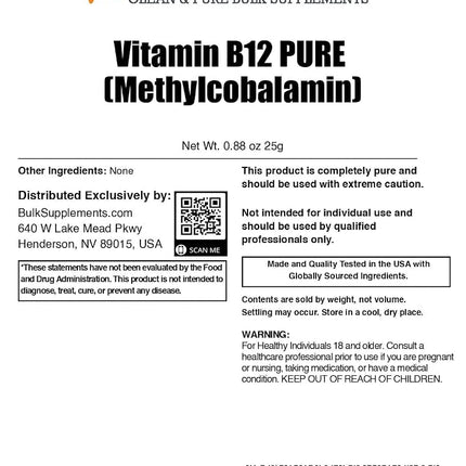 BulkSupplements.com Pure Methylcobalamin (Vitamin B12) Powder - Methyl B12 (25 Grams - 0.88 oz))