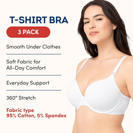 Fruit of the Loom Women's T-Shirt Bra, Opaque, Black/White/Grey Heather, 36D (Pack of 3)