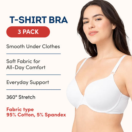 Fruit of the Loom Women's T-Shirt Bra, Opaque, Black/White/Gray Heather, 40C (3 Pack)