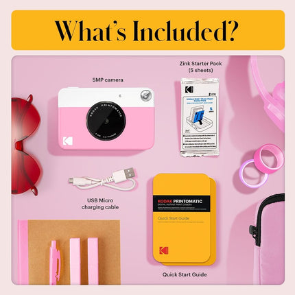 KODAK Printomatic Full-Color Instant Print Digital Camera, Zink 2x3" (5.1x7.5 cm) Sticky-Back Photo Paper, 5MP, Portable, Creative Fun Gift for Birthday, Christmas, Holiday, Pink