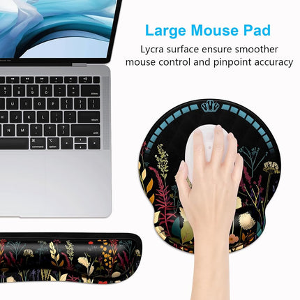 Dapesuom Keyboard Wrist Rest and Mouse Pad with Wrist Support, Cute Memory Foam Cushion for Keyboard and Mouse Set, Desktop Pad Rests with Non Slip Base for Easy Typing & Pain Relief, Floral Cartoon