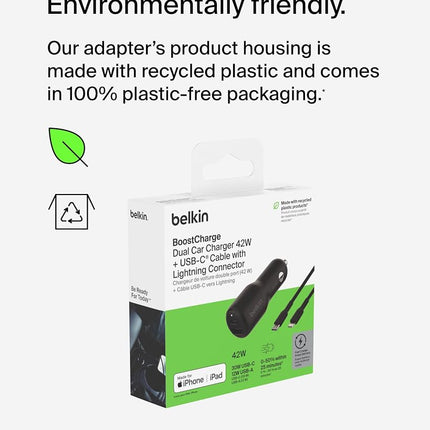 Belkin BoostCharge Dual Car Charger 42W w/Fast Charge USB-C 30W PPS & 12W USB-A Ports + USB-C to Lightning Cable for Apple iPhone 16, Plus, Pro, Pro Max, iPhone 15, Samsung Galaxy S24, & More - Black