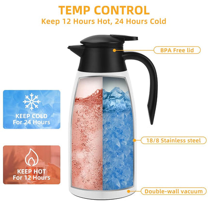 70oz Coffee Carafe Airpot Insulated Coffee Urn Stainless Steel Vacuum Thermal Pot Flask Dispenser for Coffee, Hot Water, Tea, Hot Beverage - Keep 12 Hours Hot, 24 Hours Cold -White