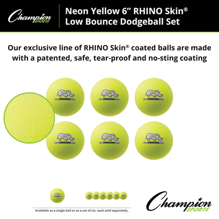 Balón de Dodgeball Champion Sports RXD6NYSET Rhino Skin, Juego de 6, Amarillo Neón, 6"