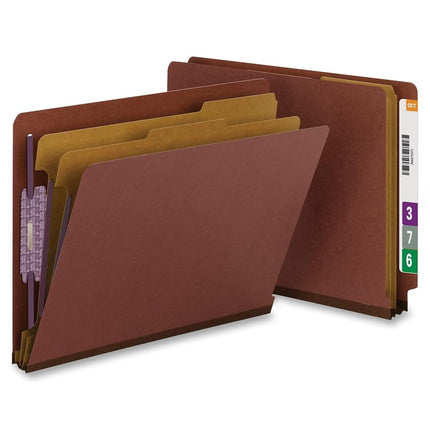 Smead 100% Recycled End Tab Pressboard Classification File Folder with SafeSHIELD Fasteners, 2 Dividers, 2" Expansion, Letter Size, Red, 10 per Box (26860)