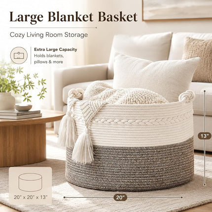 KAKAMAY Large Blanket Basket (20"x13"),Woven Baskets for storage Baby Laundry Hamper, Cotton Rope Blanket Basket for Living Room, Laundry, Nursery, Pillows, Baby Toy chest (White/Beige)
