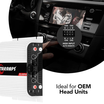 Taramp's DS 440x4 440 Watts RMS 4 Channels 2 Ohms Amplifier Multichannel Class D Full Range, Crossover High/Low Pass Bridgedable, Aluminium, RCA, Car Show Power System