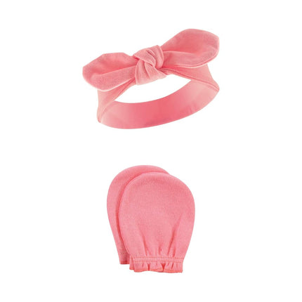 Hudson Baby Baby Girls' Cotton Headband and Scratch Mitten Set, Feathers, 0-6 Months