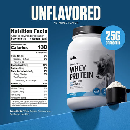 Levels 2LB Unflavored 100% Grass Fed Whey Protein, Undenatured, No GMOs