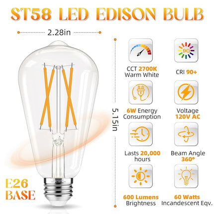 GvvooHome Edison Bulbs 60 watt LED Equivalent, Vintage Light Bulbs Non-Dimmable, 2700K Warm White, ST58 E26 LED Bulb, 90+ CRI, 6W 600LM, E26 Medium Base, Clear Glass, 12 Pack