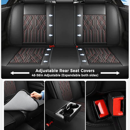 Funda de asiento trasero de cuero Huidasource, fundas de asiento de coche impermeables con banco trasero dividido, protector de cojín de asiento de vehículo de ajuste universal para la mayoría de coches sedán, SUV, camionetas (fila trasera/negro y rojo)