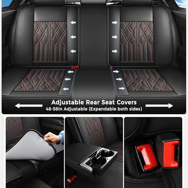 Huidasource Leather Back Row Seat Covers, Waterproof Rear Split Bench Car Seat Covers, Vehicle Seat Cushion Cover Protector Universal Fit for Most Cars Sedan SUV Pickup Truck(Back Row/Black&Red)