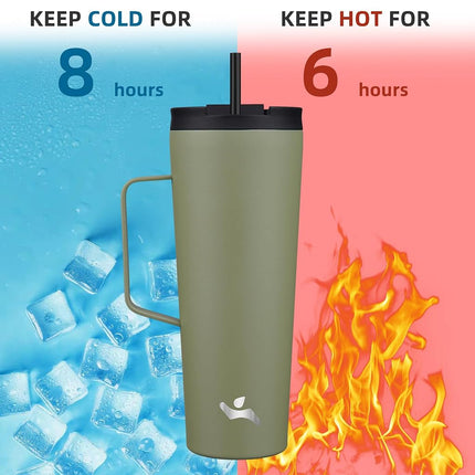 Konokyo Insulated Tumbler with Handle and Straw, 26 OZ Travel Coffee Mug Stainless Steel Cup Metal Water Bottle,Camp Green