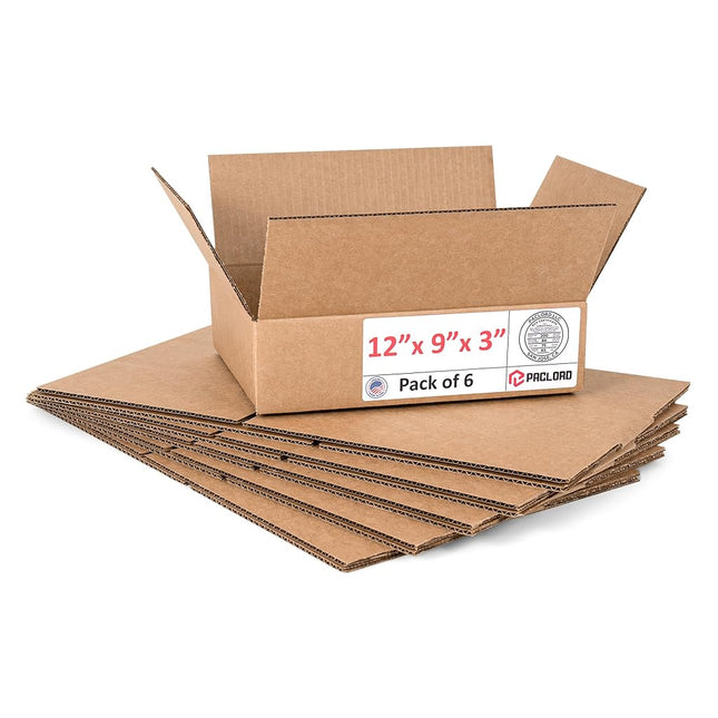 Paclord 6 Pack Medium Cardboard Boxes 12" x 9" x 3" (L x W x H) - USA Made Packaging Boxes for Moving, Shipping or Storage - USPS Approved