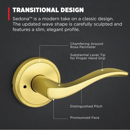 Kwikset Sedona Interior Privacy Door Handle with Lock, Door Lever for Bathroom and Bedroom, Satin Brass Reversible Keyless Push Button Lock Door Lever, with Microban Protection