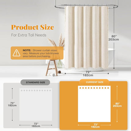 BTTN 72 x 80 Boho Linen Heavy Duty Cloth Shower Curtain Set, Cream/Beige