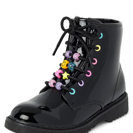 The Children's Place Girls' Lace Up Combat Boot, Black Beaded, 1 Big Kid