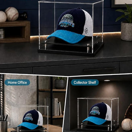 Clear hat Display case for Baseball,Acrylic Cap Holder Stand for Baseball, Football or Snapback Caps,Mini Helmet.Baseball Cap Display case with Metal feet Base
