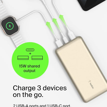 Belkin BoostCharge Power Bank 20K 15W Three Port Portable Charger Silver