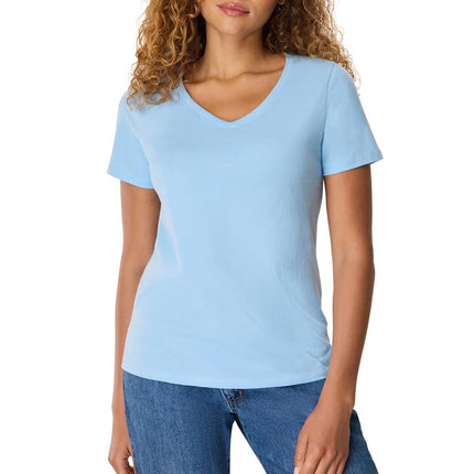 Hanes Women's Perfect-t V-Neck T-Shirt, Ring-Spun Cotton Short Sleeve Tee for Women, Light Blue - 1 Pack, M